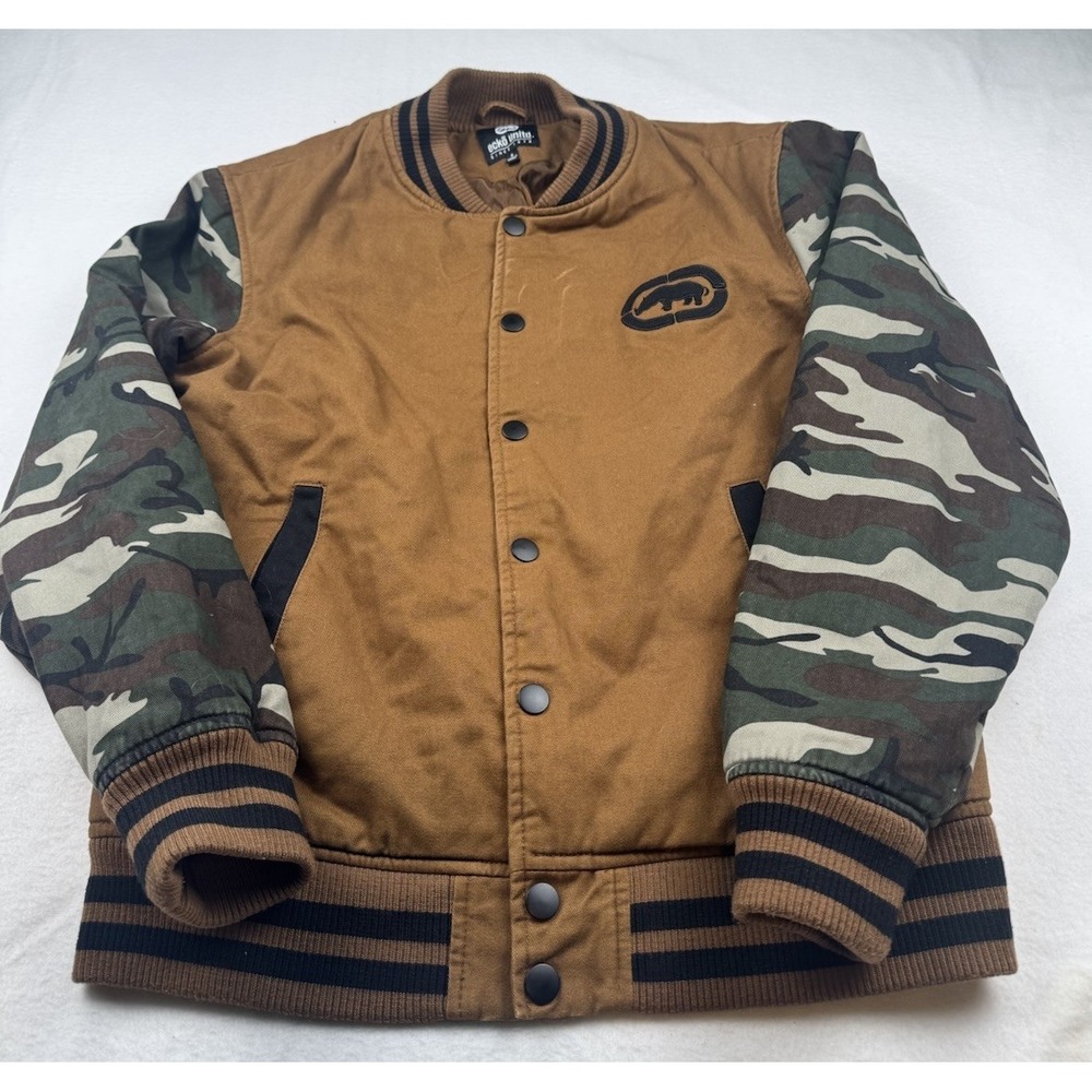 Ecko UNLTD Bomber Jacket Brown /w Camo Arms Streetwear  Casual Men's Size S